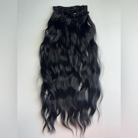 Human hair blend long Water Wave black Clip in Hair Extensions Set - Picture 3 of 11